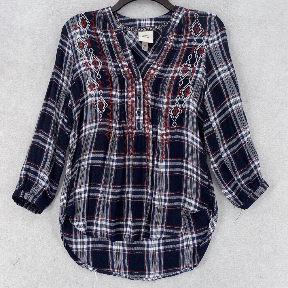 Knox Rose Top Womens‎ SMALL Blouse Cottegecore Boho Plaid Peasant 3/4 Sleeve